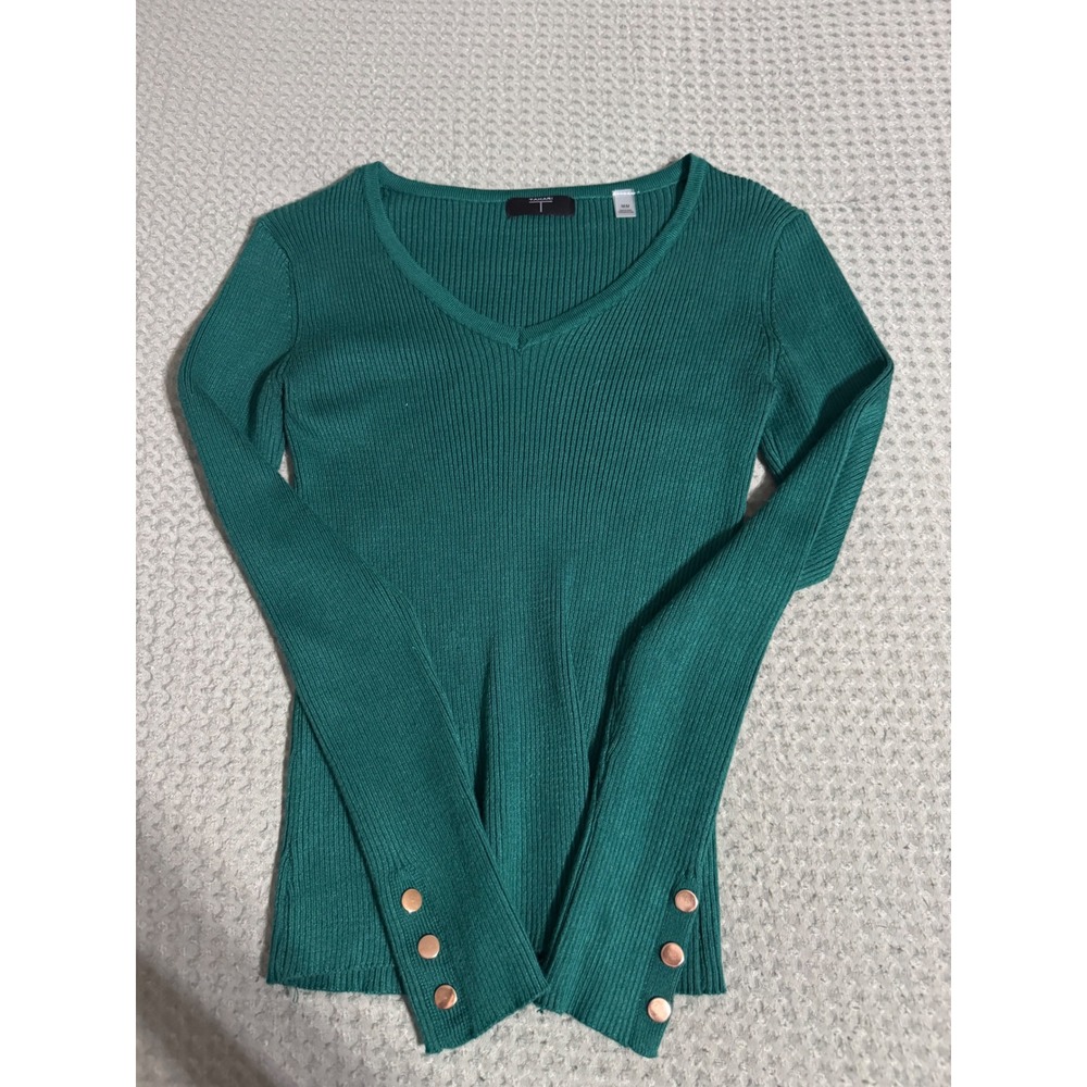 Tahari Emerald Green‎ Ribbed V-Neck Sweater Gold Button Cuff Medium Womens Top